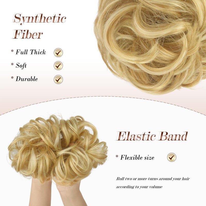 FESHFEN Messy Bun Hair Pieces - Large Wavy Curly Elastic Hair Bun Scrunchies Ponytail Extensions Synthetic Chignon Hairpieces for Women, Strawberry Blonde & Bleach Blonde 1.94oz - Image 4